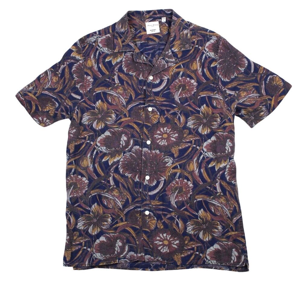 Baird McNutt 100% Linen Murano Shirt Mens Large Slim Brown Blue Floral Hawaiian